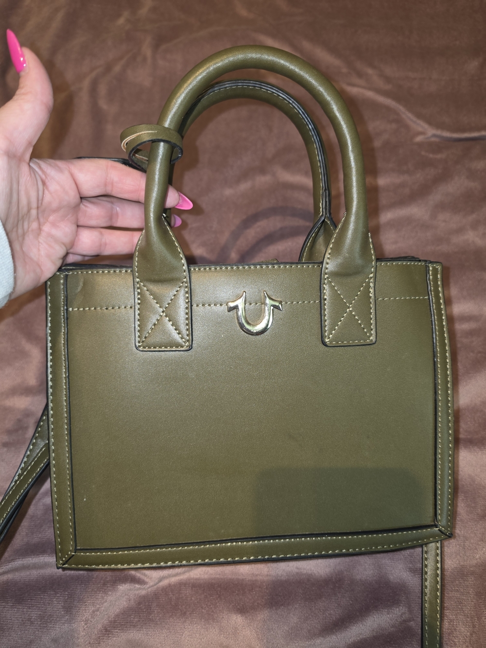True Religion Olive Green Leather Crossbody Tote